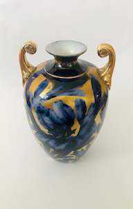 Ceramic Vases: Victorian Cobalt Blue and Gold Leaf Double Handled Vase