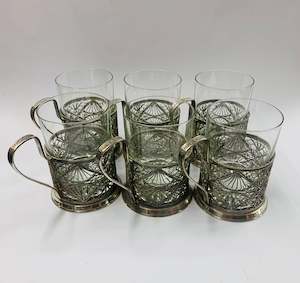 Set of 6 silver plated and glass coffee cups