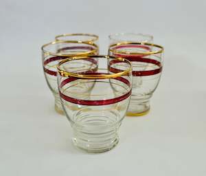 Glass Sets: Set of Five Vintage Gold and Red Rimmed Glasses
