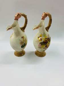 Decanter And Jugs: Pair of Victorian hand painted jugs with animal head handles