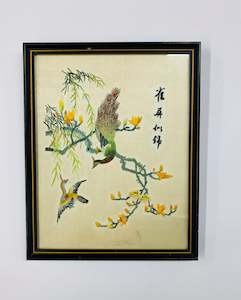 Clocks Mirrors And Frames: Vintage oriental silk embroidered bird picture