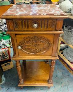 French marble top carved side cabinet