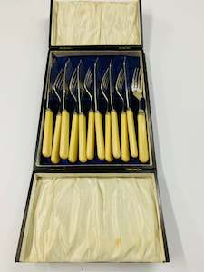 Brass And Metalware: Antique bone handled fish cutlery set in original wooden box