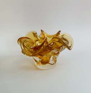 Glass And Crystal: Small heavy thick yellow Art glass bowl