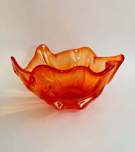Glass And Crystal: Large heavy orange Midcentury Art glass bowl