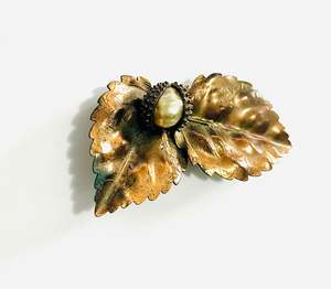 Vintage Costume Brooch Leaves with Gum Nut and faux Pearl Center
