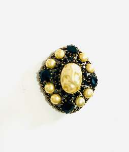 Vintage Costume Brooch with Pearl like Center and Black Glass Beads in a Triangular Shape