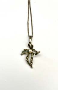 Silver Necklace with Cross Shaped Pendant with Pearl Center
