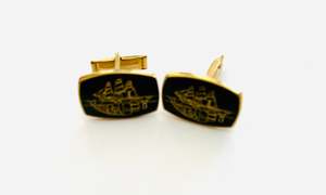 Vintage Set of Cufflinks Rectangular in Shape with black Enamel and Sailing Ship