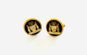 Jewellery: Vintage Set of Cufflinks Circular Base with Kangaroos, a shield and Swan with Blue Enamel Background