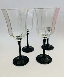 Glass Sets: Set of Four French  Luminare Black Stemmed Octagonal Wine Glass