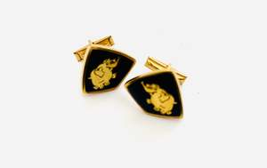 Costume Jewellery: Vintage Set of Cufflinks Four Sided Shape with Blue Enamel and Gold Elephant