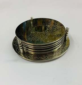 Silver Plate: Set of 6 silver plated coasters in stand