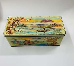 Vintage biscuit tin showing Mt Fuji Japanese scene