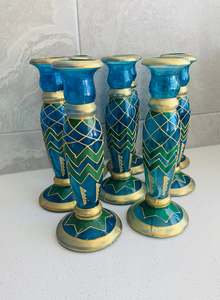 Glass And Crystal: 8 vintage blue glass and gold painted candlesticks