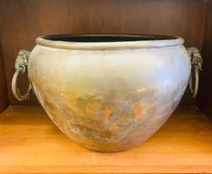Brass And Metalware: Large antique brass planter with elephant handles