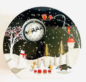 Brass And Metalware: Round Christmas Scene Tin with Rotating Ball with Santa and Sleigh