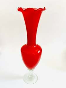 Vases: Fluted Red Vase with Twisted Clear Base