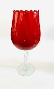 Red Goblet Style Glass Vase with Clear Twisted Base