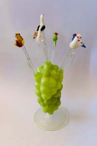 Glass And Crystal: Retro Glass bird Sizzle Sticks in green bubble holder