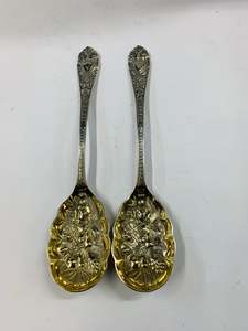 Brass And Metalware: Pair of silver plated berry spoons