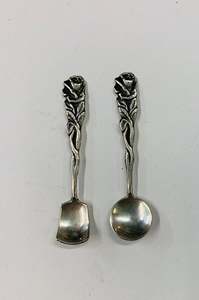 Pair of Sterling silver rose handled salt spoons