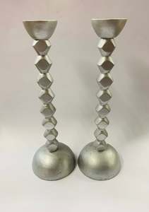 Candles: Pair of retro Midcentury brushed aluminum candlesticks