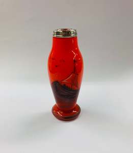 Glass And Crystal: Orange glass shipping scene vase with silver rim