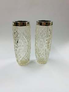 Glass And Crystal: Pair of Sterling Silver topped glass vases
