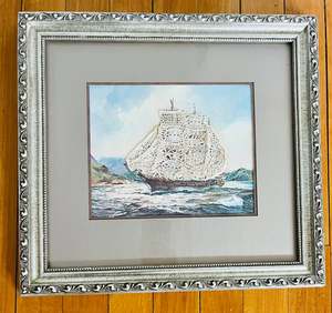 Unique Antique Watercolor Painting of a Boat with Lace Overlay