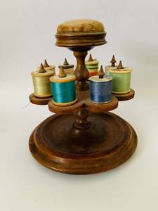 Antique Victorian wooden sewing spool or cotton reel holder and pin cushion