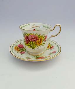 Cups And Saucers: Queens China Carnation  January cup and saucer
