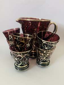Large Purple Venetian glass and silver overlay jug and 6 glasses