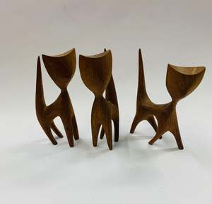 Figurines And Ornaments: Set of 3 retro Midcentury wooden cats