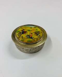 Silver Plate: Silver plated pill box with Mongolian fighting scene on the lid