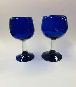 Pair of hand blown cobalt blue wine glasses