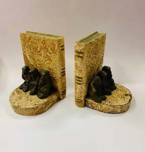 Brass see no evil, hear no evil speak no evil monkeys on wooden bookends