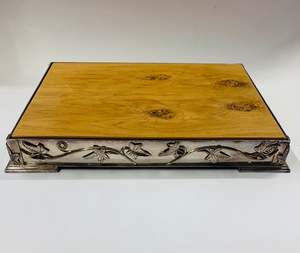 Brass And Metalware: Art Nouveau silver plated tray with wooden board
