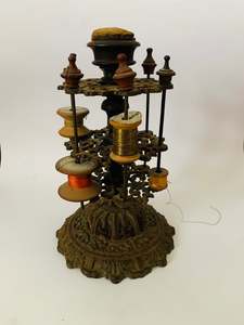 Rare Victorian cast iron ornate cotton reel holder and pin cushion