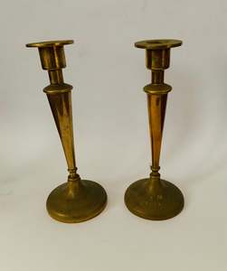 Brass And Metalware: Solid pair of brass column Candlesticks