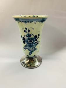 Vases: Large Delft vase with silver plated base