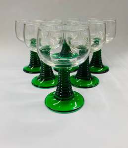 Glass And Crystal: Set of 6 French Beehive green stem wine glasses