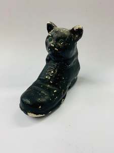 Antique painted plaster cat in a boot door stop