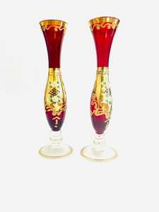 Vases: Pair of Bohemia Red Glass Vases with Hand Painted Gold Swirls