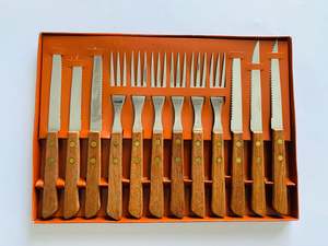 Brass And Metalware: Midcentury steak knife and fork set wooden handles