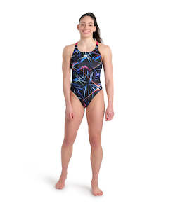 Women Training Fitness: Arena Women's Allover Swim Pro Back Swimsuit - Black-Multi-Freak Rose