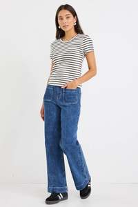 Tees: Study Black Ecru Stripe Rib Longer Tee