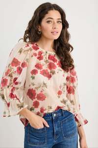 Candid Cream Red Rose Crew Neck Top