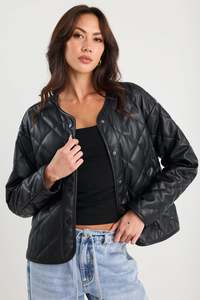 Blazers And Jackets: Apex Black PU Collarless Quilted Puffer Jacket