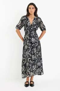 Empress black scrolling foliage ss flared maxi dress